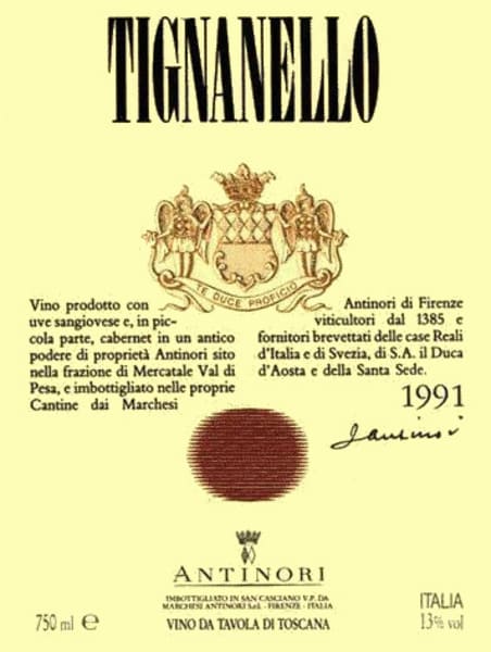 Rượu vang đỏ Antinori Tignanello (wine stained label) 1991