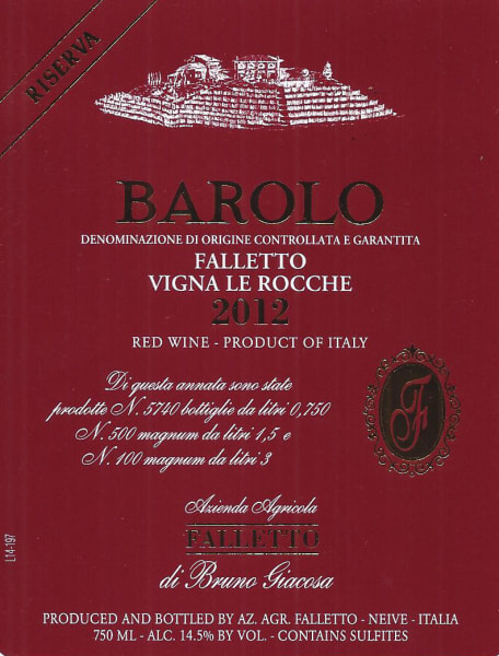 Rượu vang đỏ Bruno Giacosa Barolo Le Rocche del Falletto Riserva (3 lít) 2012