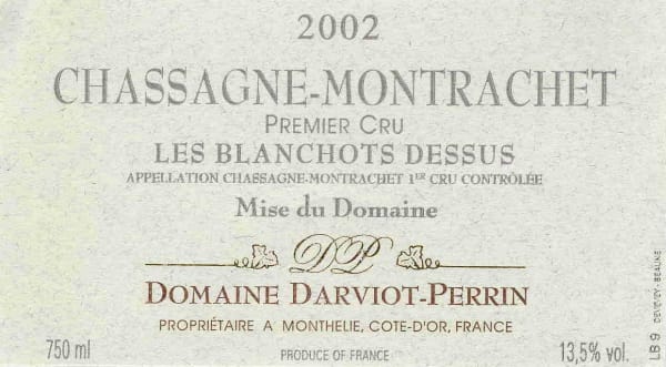 Rượu vang trằng Darviot-Perrin Chassagne-Montrachet Les Blanchots Dessus Premier Cru 2002
