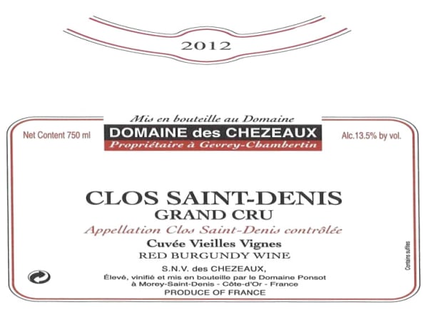 Rượu vang đỏ Domaine des Chezeaux Clos Saint-Denis Grand Cru 2012