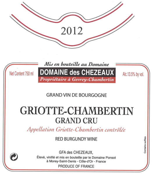 Rượu vang đỏ Domaine des Chezeaux Griottes-Chambertin Grand Cru 2012