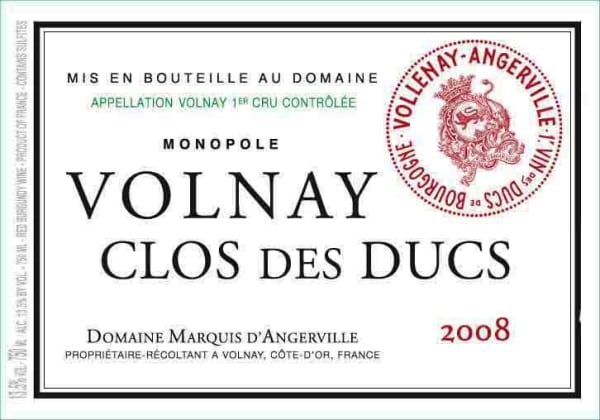 Rượu vang đỏ Domaine Marquis d'Angerville Volnay Clos des Ducs Premier Cru Monopole 2008
