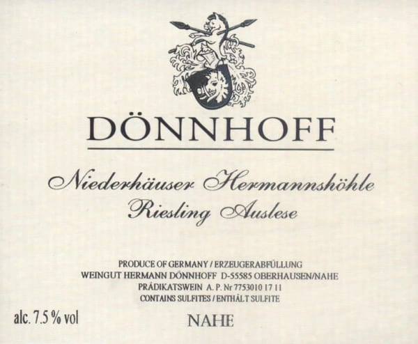 Rượu vang trằng Donnhoff Niederhauser Hermannshohle Riesling Auslese Goldkapsel 2020