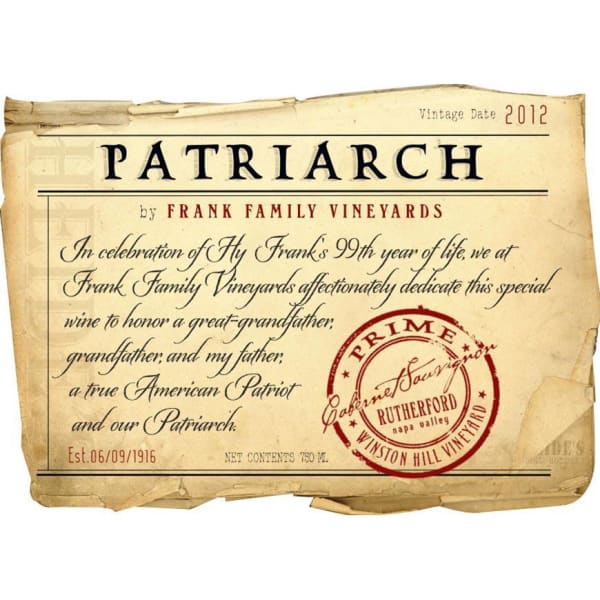 Rượu vang đỏ Frank Family Vineyards Patriarch Cabernet Sauvignon 2012
