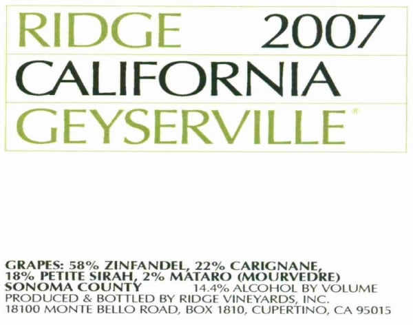 Rượu vang đỏ Ridge Geyserville (3 Liter Bottle - stained label) 2007