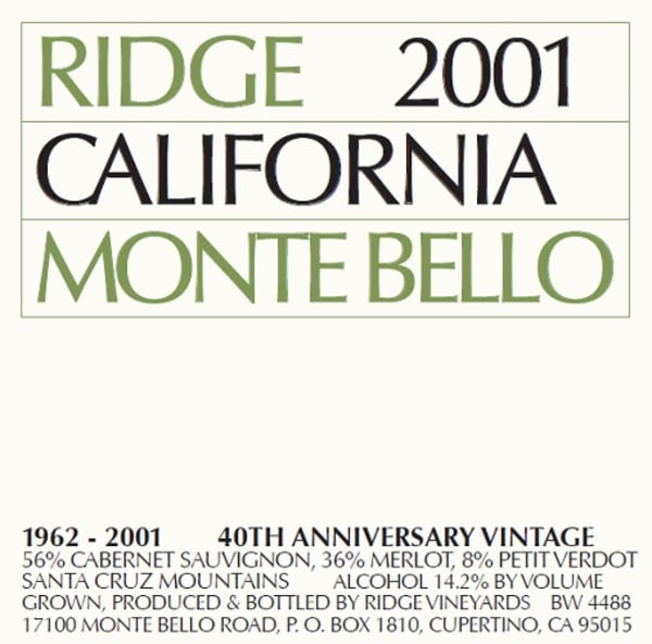 Rượu vang đỏ Ridge Monte Bello (chai Magnum 1,5 lít) 2001