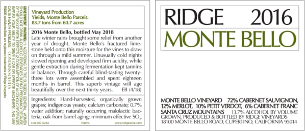 Rượu vang đỏ Ridge Monte Bello 2016