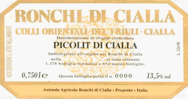 Rượu vang trằng Ronchi di Cialla Colli Orientali del Friuli Picolit di Cialla 2005