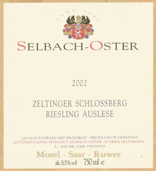 Rượu vang trằng Selbach Oster Zeltinger Schlossberg Riesling Auslese 2002