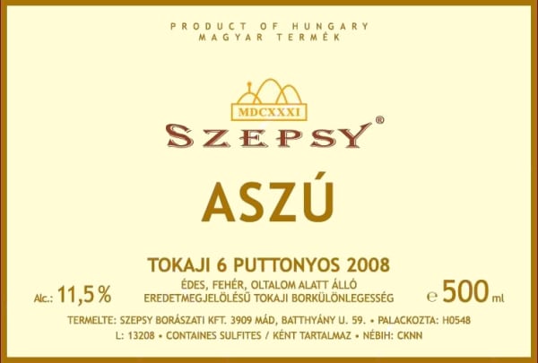 Rượu vang trằng Szepsy Aszu 6 Puttonyos 2008