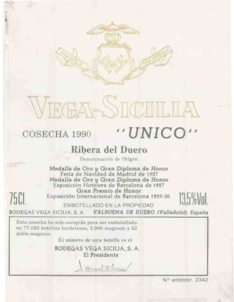Rượu vang đỏ Tempos Vega Sicilia Unico Tinto 1990
