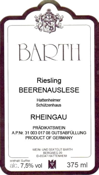 Rượu vang trằng Wein und Sektgut Barth Hattenheim Hattenheimer Schutzenhaus Riesling Beerenauslese 2011