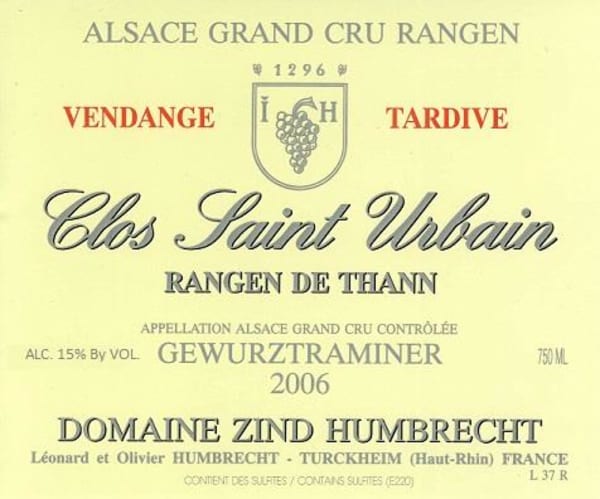 Rượu vang trằng Zind-Humbrecht Clos Saint Urbain Rangen de Thann Grand Cru Vendange Tardive Gewurztraminer 2006